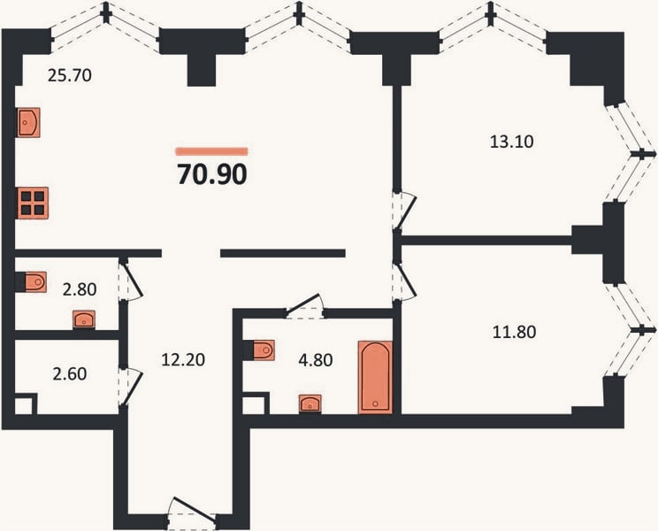 Планировка: 2-к, 70,9 м²