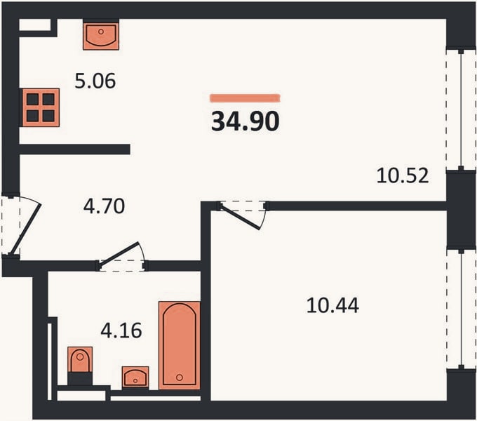 Планировка: 1-к, 34,9 м²