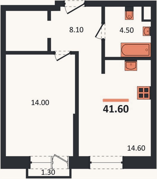 Планировка: 1-к, 41,6 м²