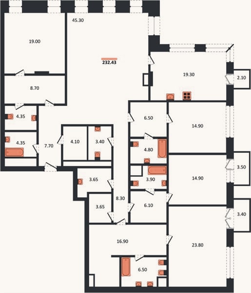 Планировка: 4+ к, 233 м²