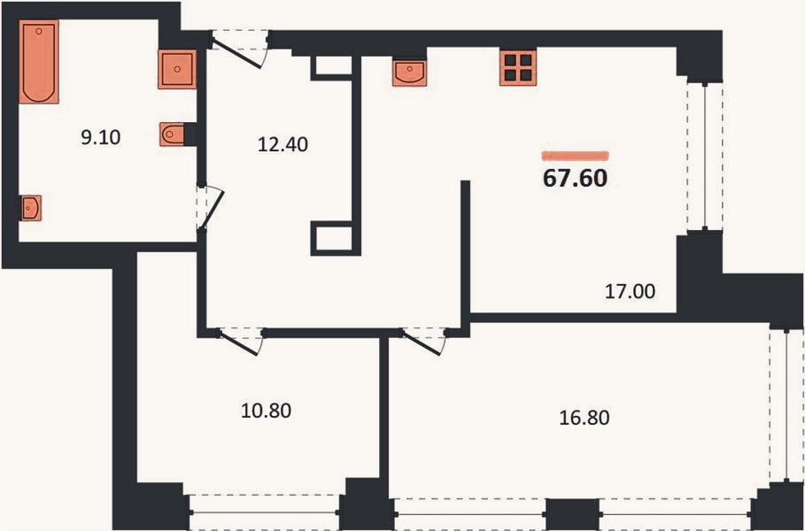 Планировка: 2-к, 67,6 м²