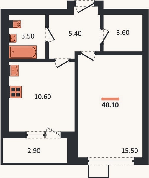 Планировка: 1-к, 40,1 м²