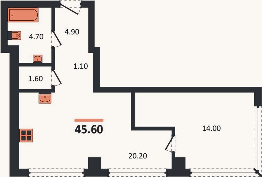 Планировка: 1-к, 45,6 м²