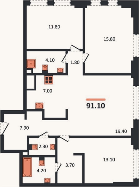 Планировка: 3-к, 91,1 м²