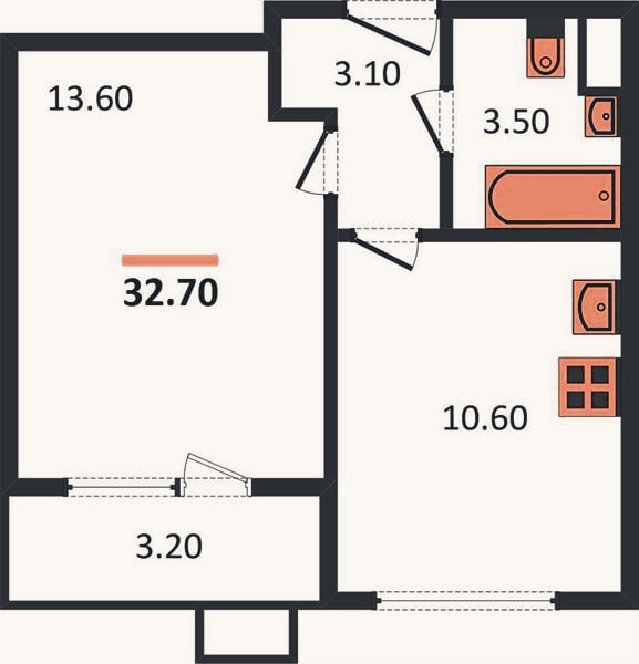 Планировка: 1-к, 32,7 м²