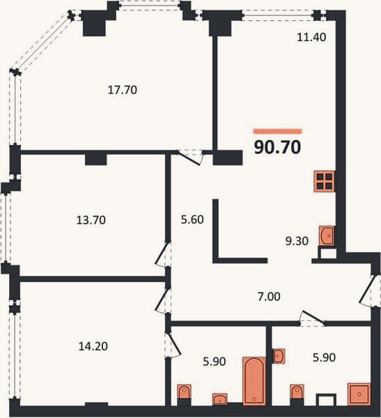 Планировка: 3-к, 90,7 м²