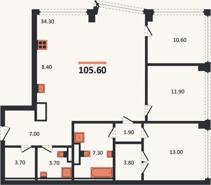 Планировка: 3-к, 105,6 м²