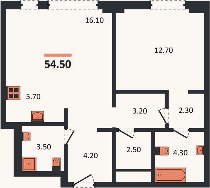 Планировка: 1-к, 54,5 м²