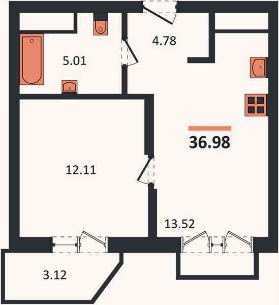 Планировка: 1-к, 37 м²