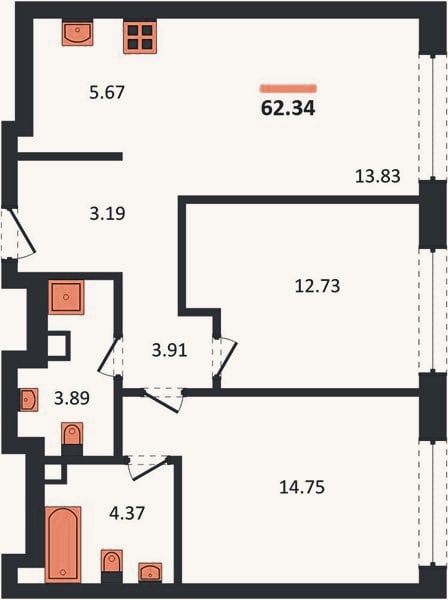 Планировка: 2-к, 62,3 м²