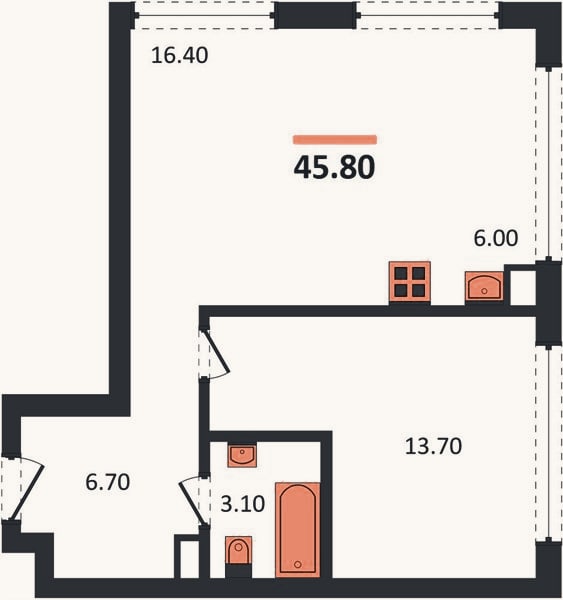 Планировка: 1-к, 45,8 м²