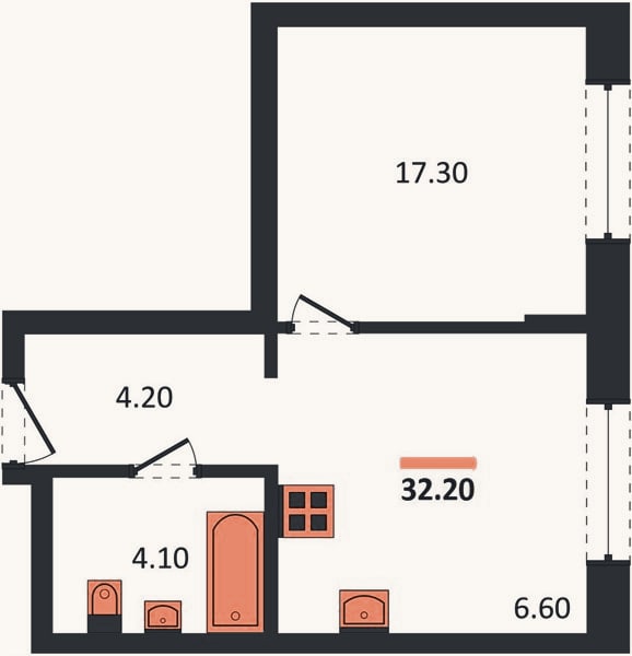 Планировка: 1-к, 32,2 м²