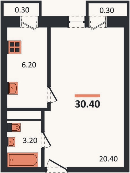 Планировка: 1-к, 30,4 м²