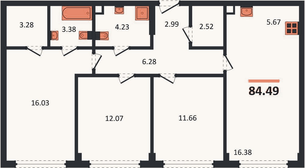 Планировка: 3-к, 84,5 м²
