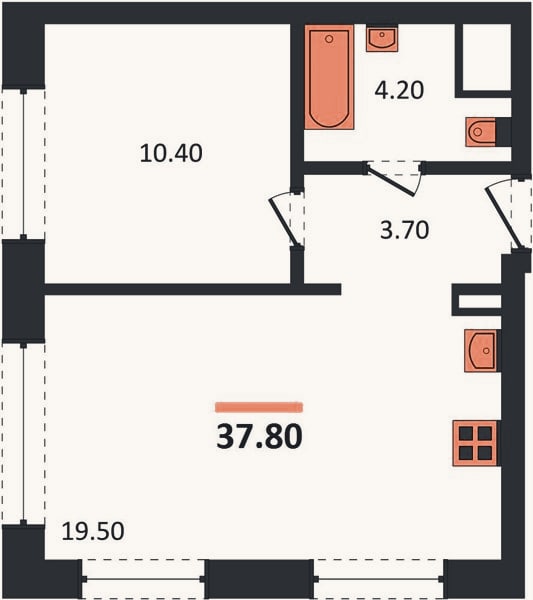 Планировка: 1-к, 37,8 м²