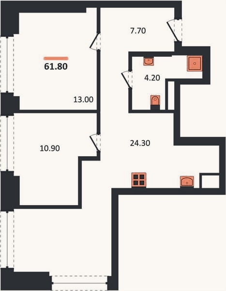 Планировка: 2-к, 61,8 м²