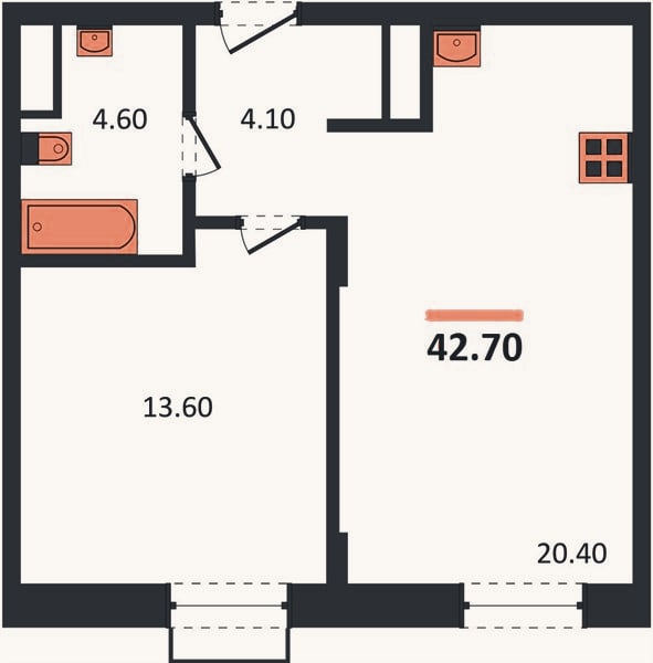 Планировка: 1-к, 42,7 м²