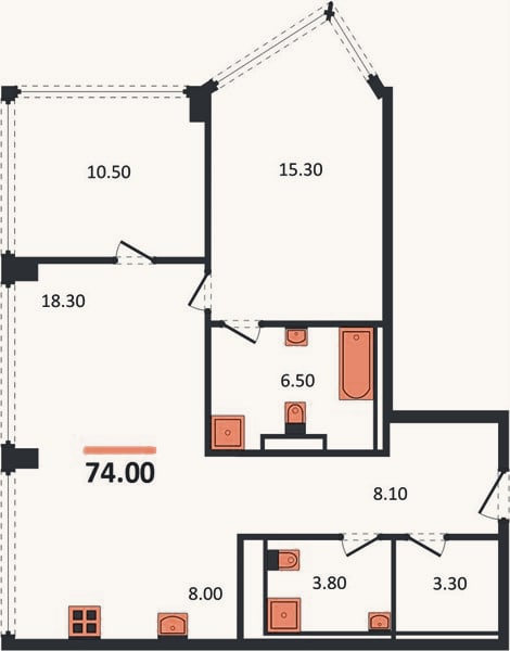 Планировка: 2-к, 74 м²