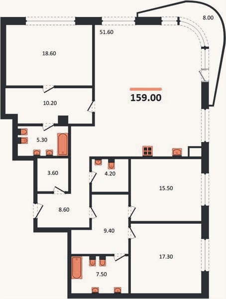 Планировка: 3-к, 159 м²