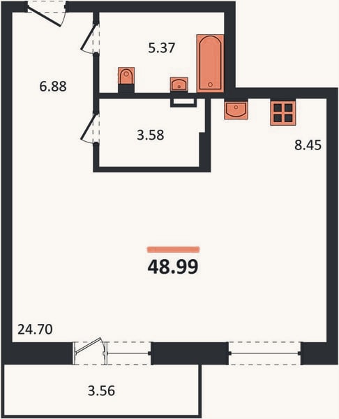 Планировка: Студия, 49 м²