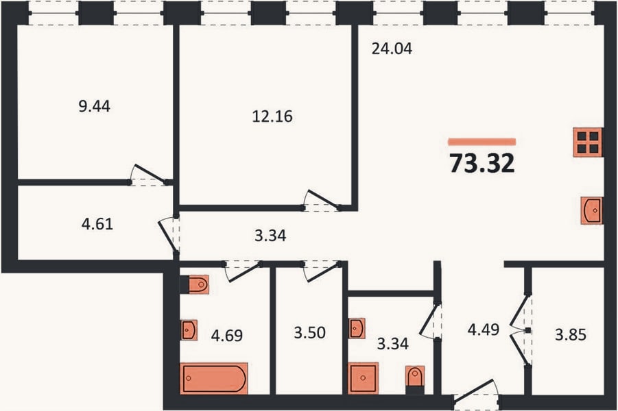 Планировка: 2-к, 72,5 м²