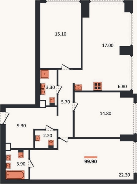 Планировка: 3-к, 99,9 м²