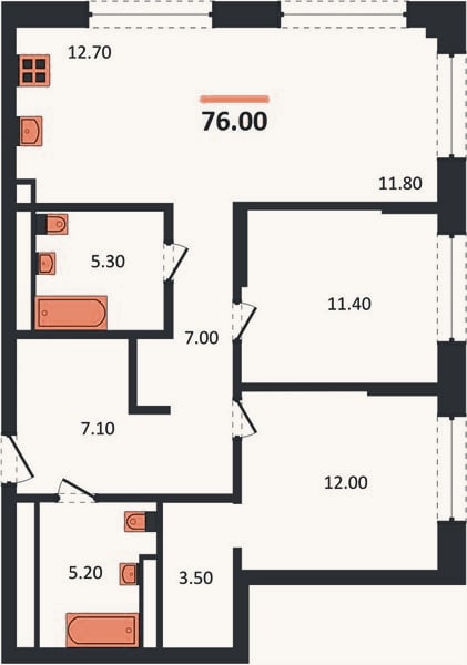 Планировка: 2-к, 76 м²