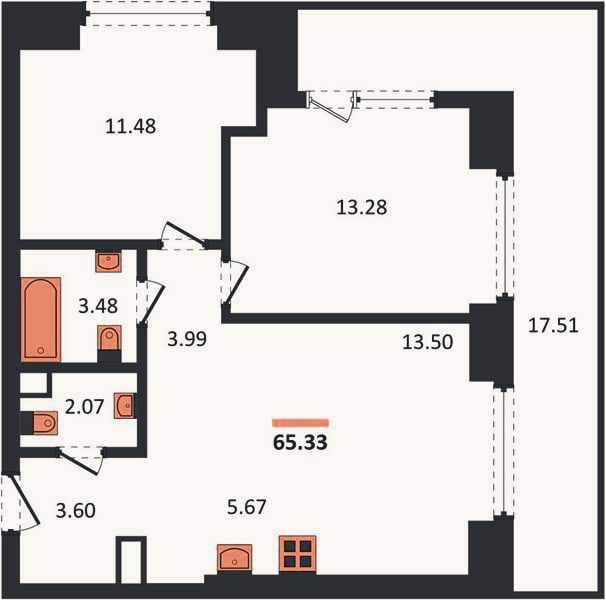 Планировка: 2-к, 65,3 м²
