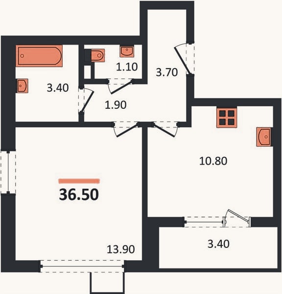 Планировка: 1-к, 36,5 м²