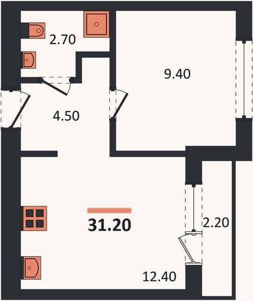 Планировка: 1-к, 31,2 м²