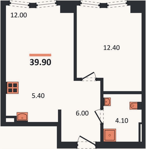 Планировка: 1-к, 39,9 м²