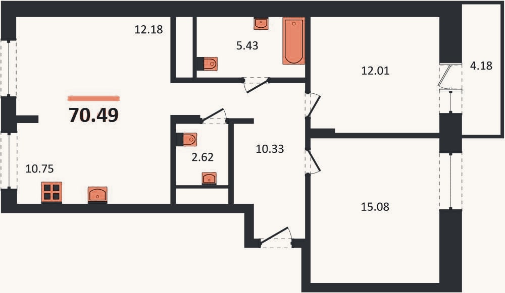 Планировка: 2-к, 70,5 м²