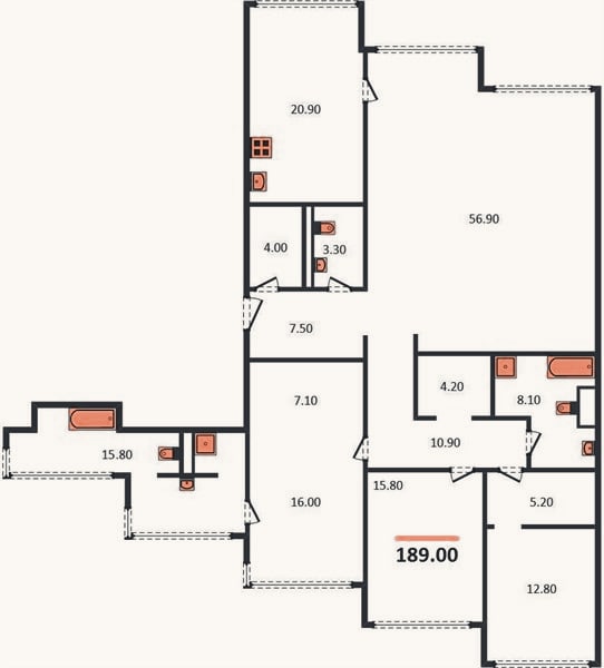 Планировка: 4+ к, 189 м²