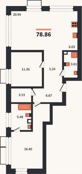 Планировка: 2-к, 78,9 м²