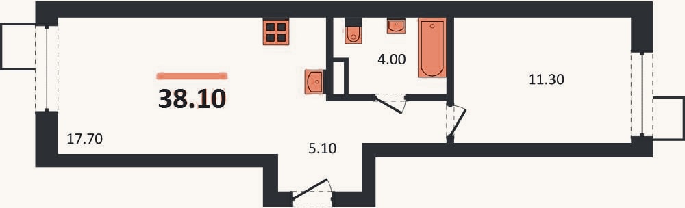 Планировка: 1-к, 38,1 м²