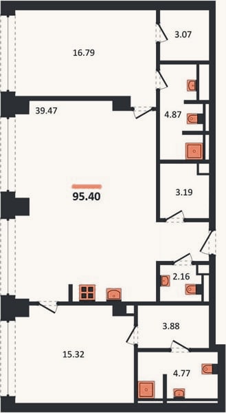 Планировка: 2-к, 95,4 м²