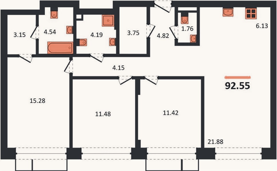 Планировка: 3-к, 92,6 м²