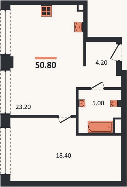 Планировка: 1-к, 50,8 м²
