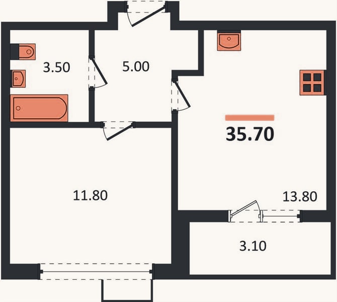 Планировка: 1-к, 35,7 м²