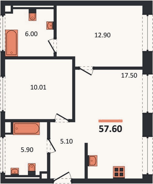 Планировка: 2-к, 57,6 м²