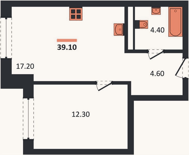Планировка: 1-к, 39,1 м²