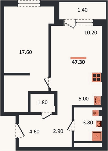Планировка: 1-к, 45,9 м²
