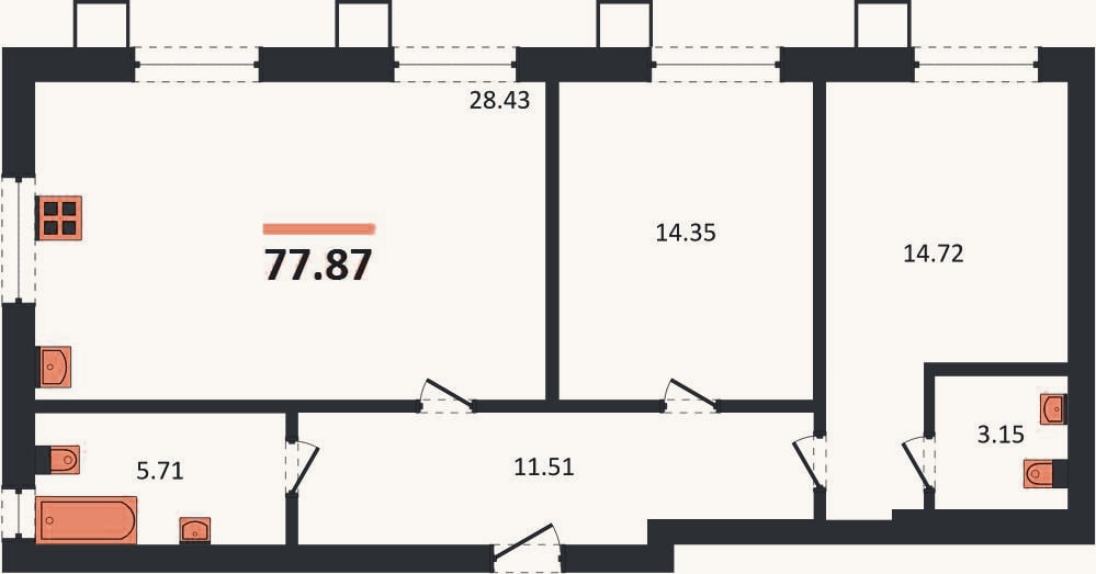 Планировка: 2-к, 77,9 м²
