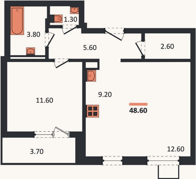 Планировка: 1-к, 48,7 м²