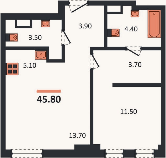 Планировка: 1-к, 45,8 м²