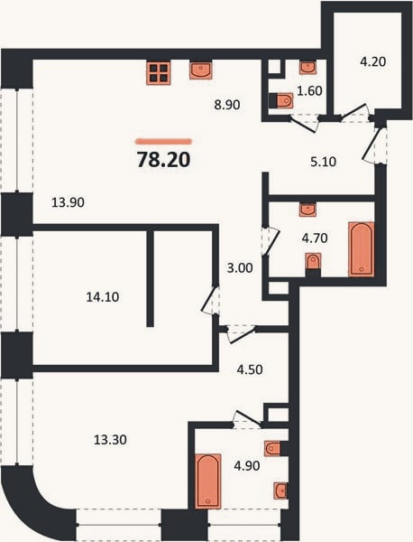 Планировка: 2-к, 78,2 м²