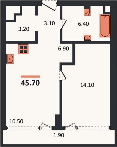 Планировка: 1-к, 45,7 м²