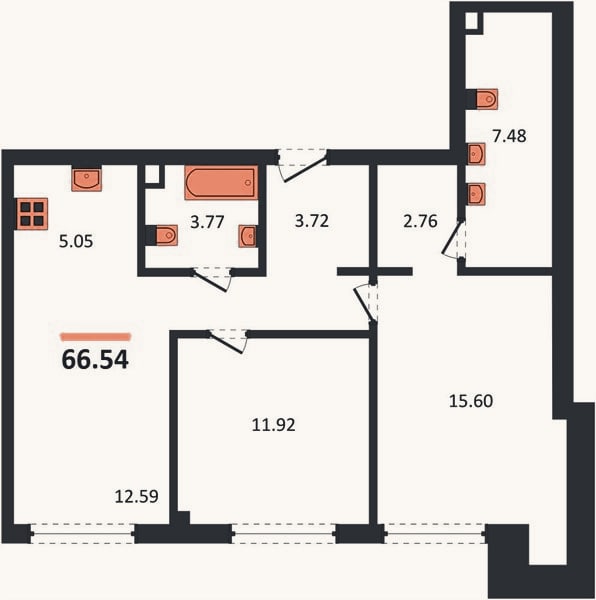 Планировка: 2-к, 66,5 м²