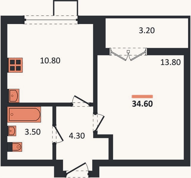 Планировка: 1-к, 34,6 м²