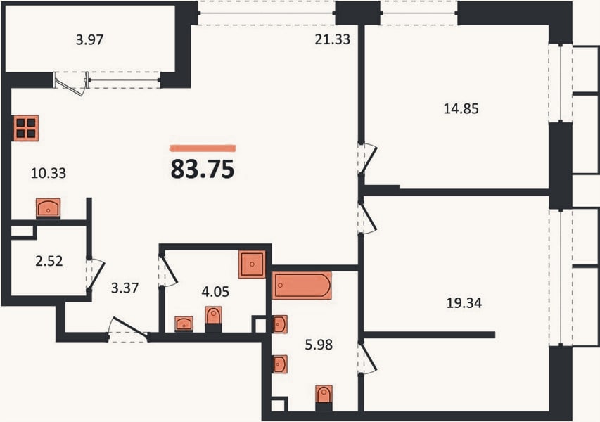 Планировка: 2-к, 83,8 м²